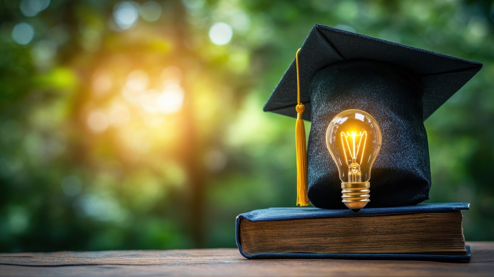 How to Choose the Right Thesis Topic - Photo of a Bulb inspiring for ideas on top of a book and a graduation cap on the Background